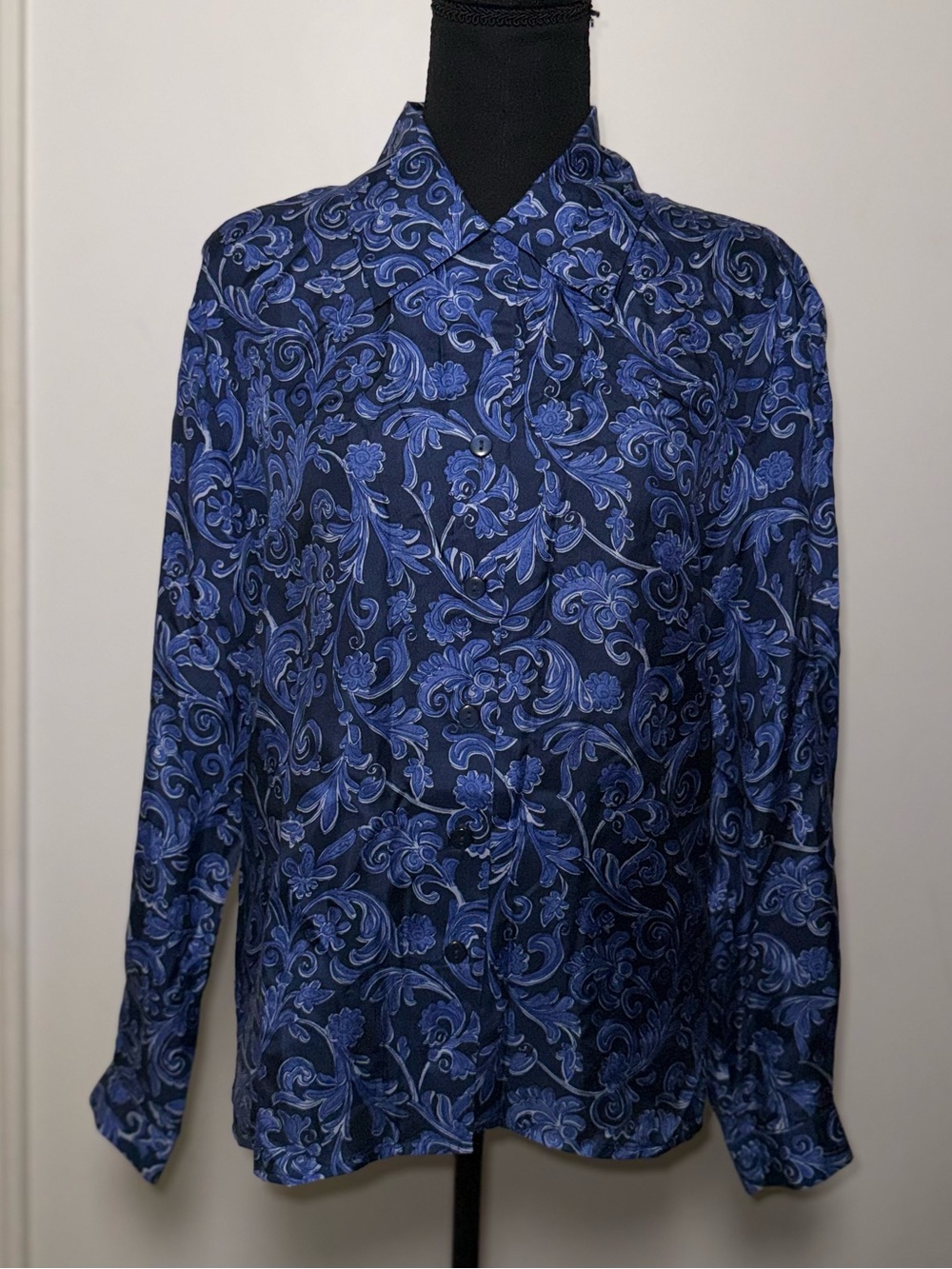 Studio A Navy Blue Baroque Paisley 100% Silk Long Sleeve Blouse
